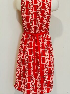 Spiegel Red White Chain Print Sleeveless Dress Belted Fit Flare Size 10